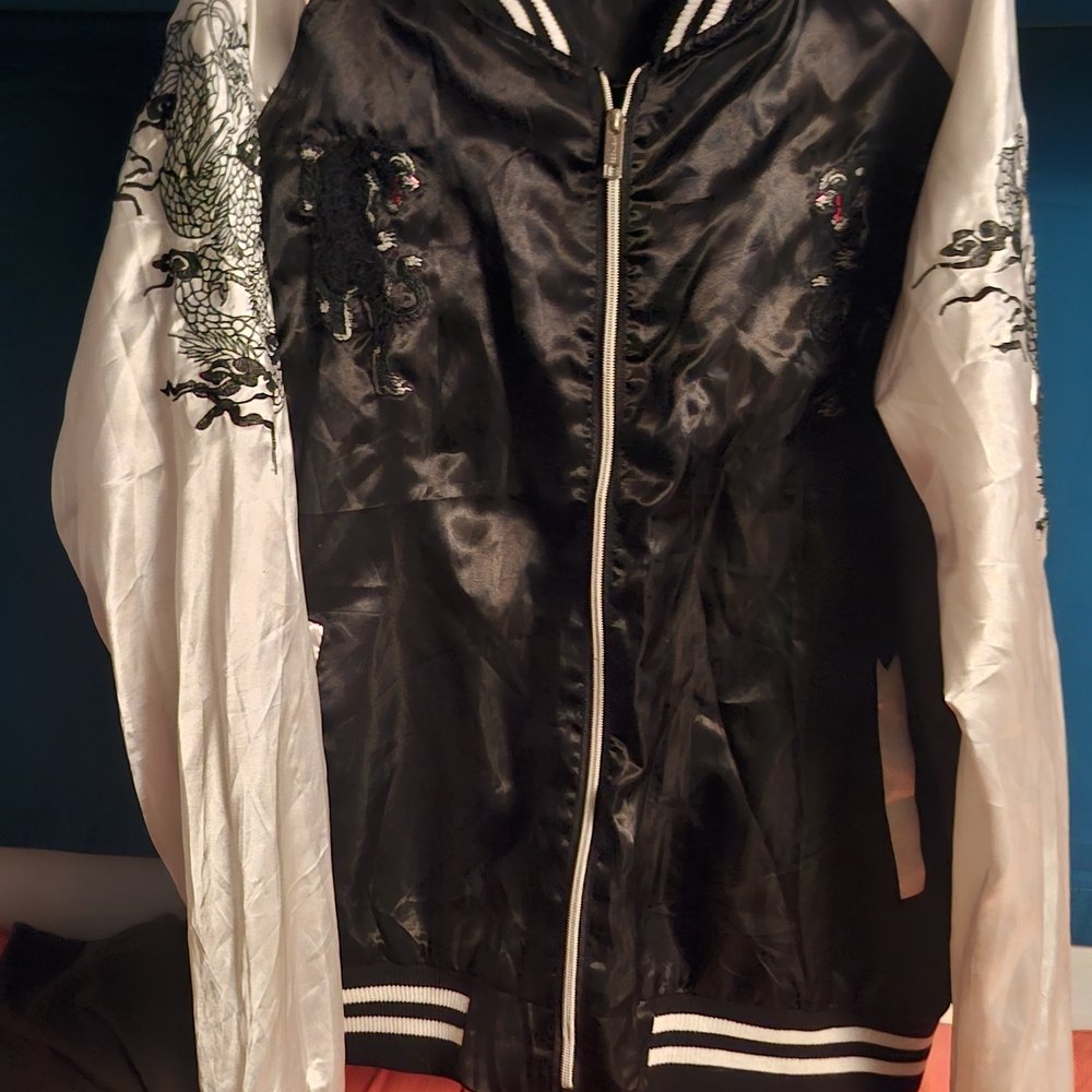 Rocawear Black Satin Bomber Jacket with White Sleeves